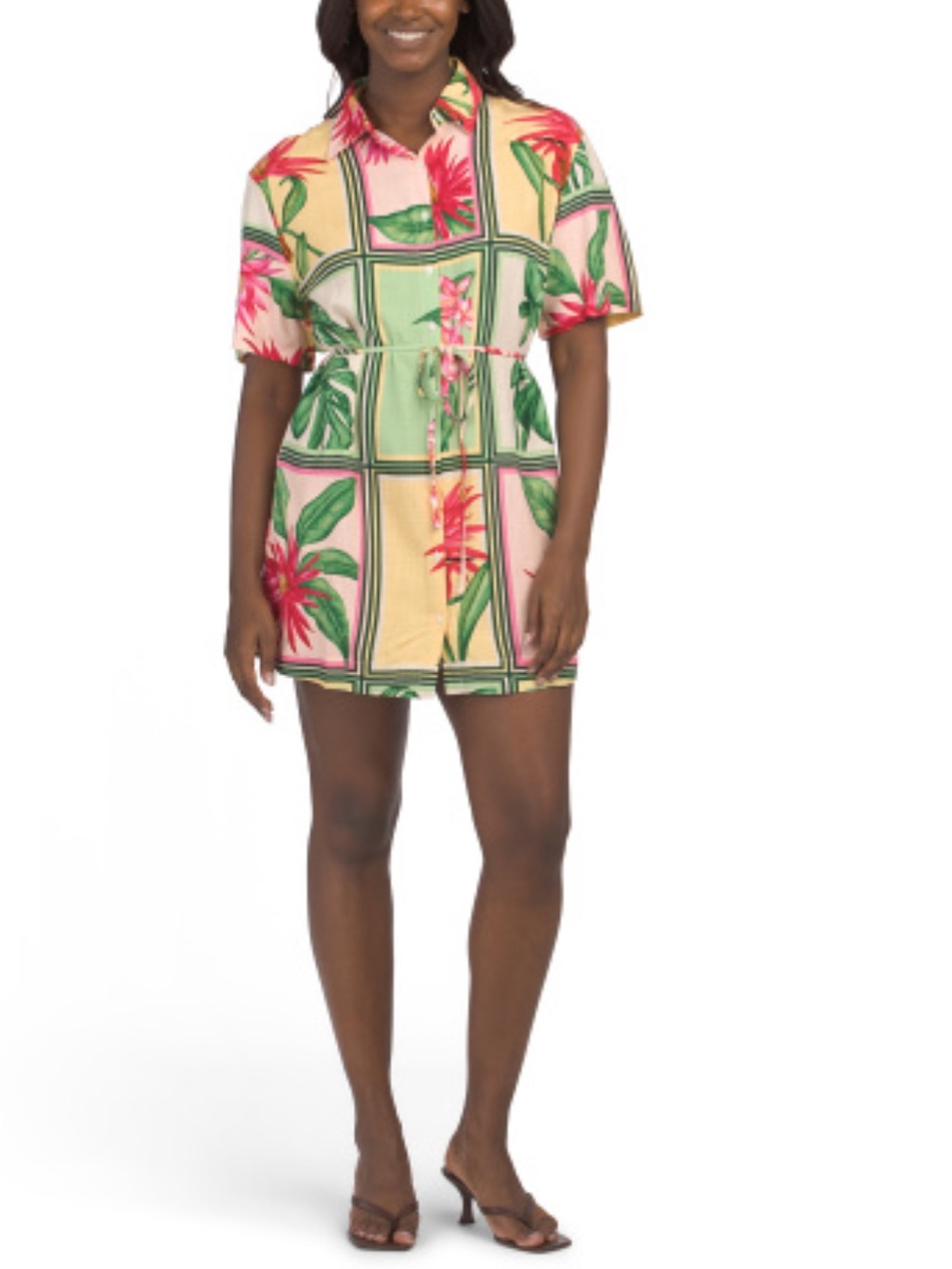 NWT White Closet Tile Print Linen-Blend Mini Dress - Pink & Green Size XS & S